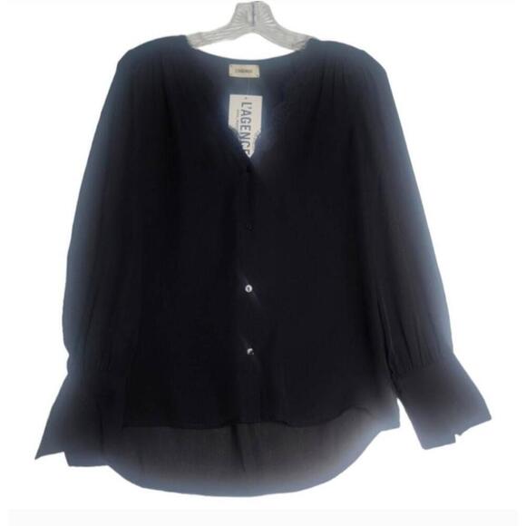 NWT L'Agence Black V-Neck Blouse Long Sleeve Lace Hi Low Hem XSmall - Picture 1 of 7